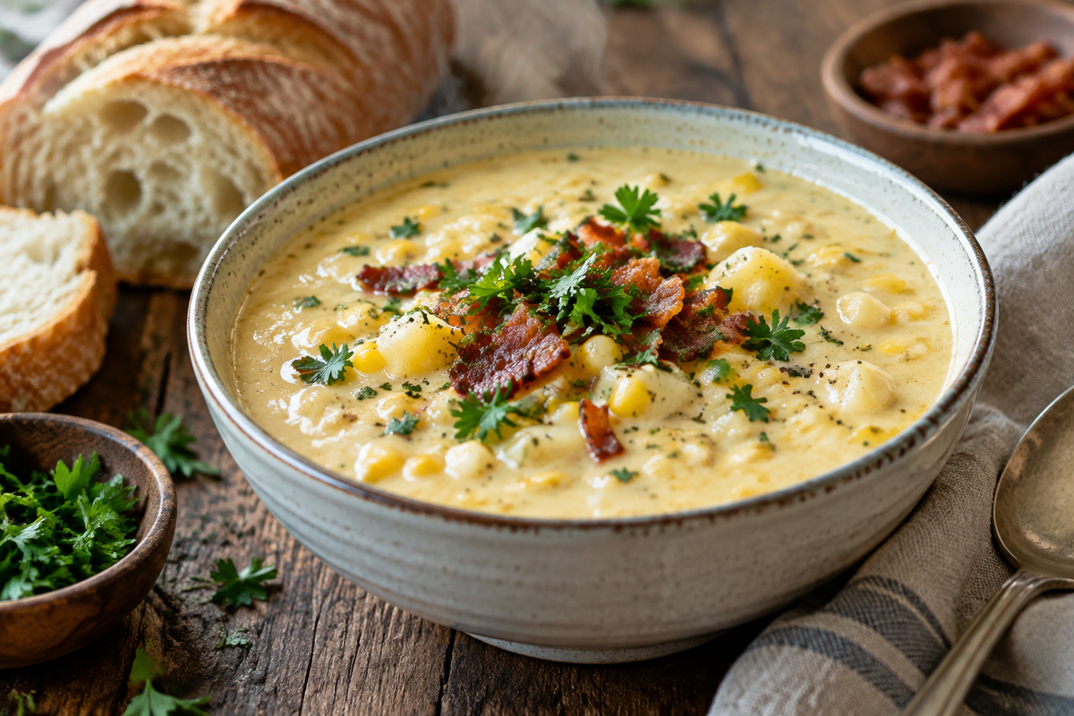 Creamy corn chowder in a rustic bowl garnished with parsley and bacon, showcasing the corn chowder focus keyphrase