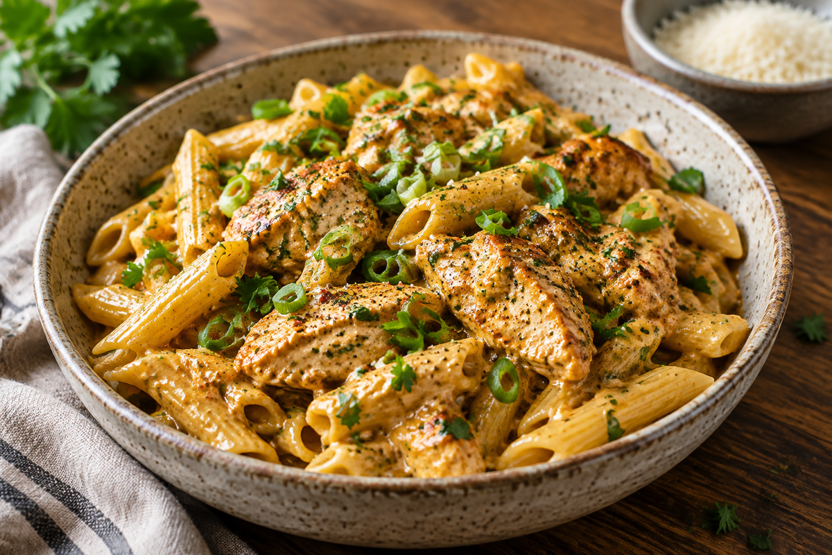 Creamy cowboy butter chicken pasta garnished with parsley and green onions in a rustic bowl