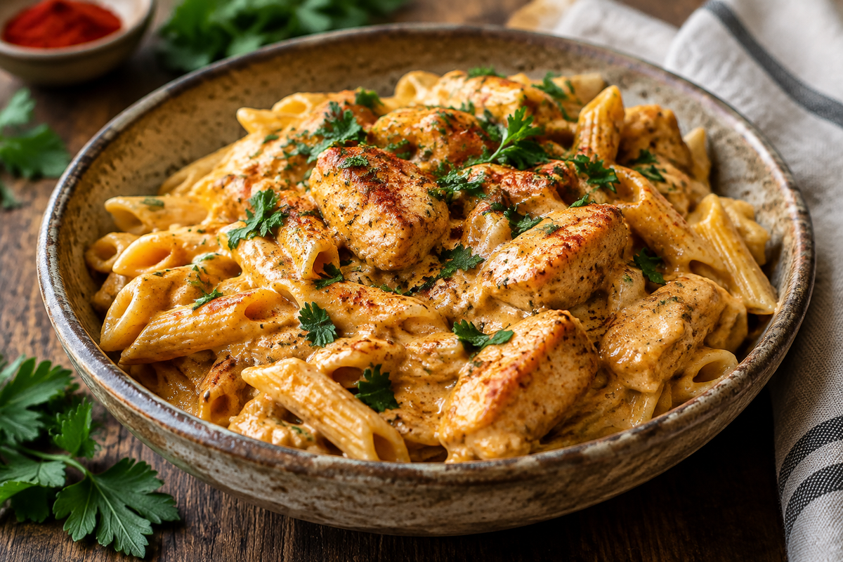 Creamy cowboy butter chicken pasta served in a rustic bowl with fresh parsley garnish
