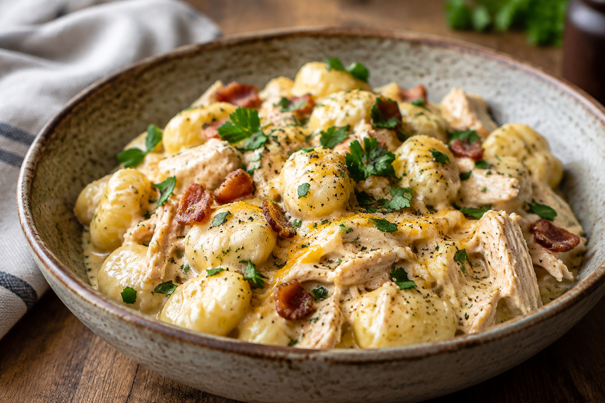 Creamy crack chicken gnocchi in a rustic bowl garnished with parsley and black pepper