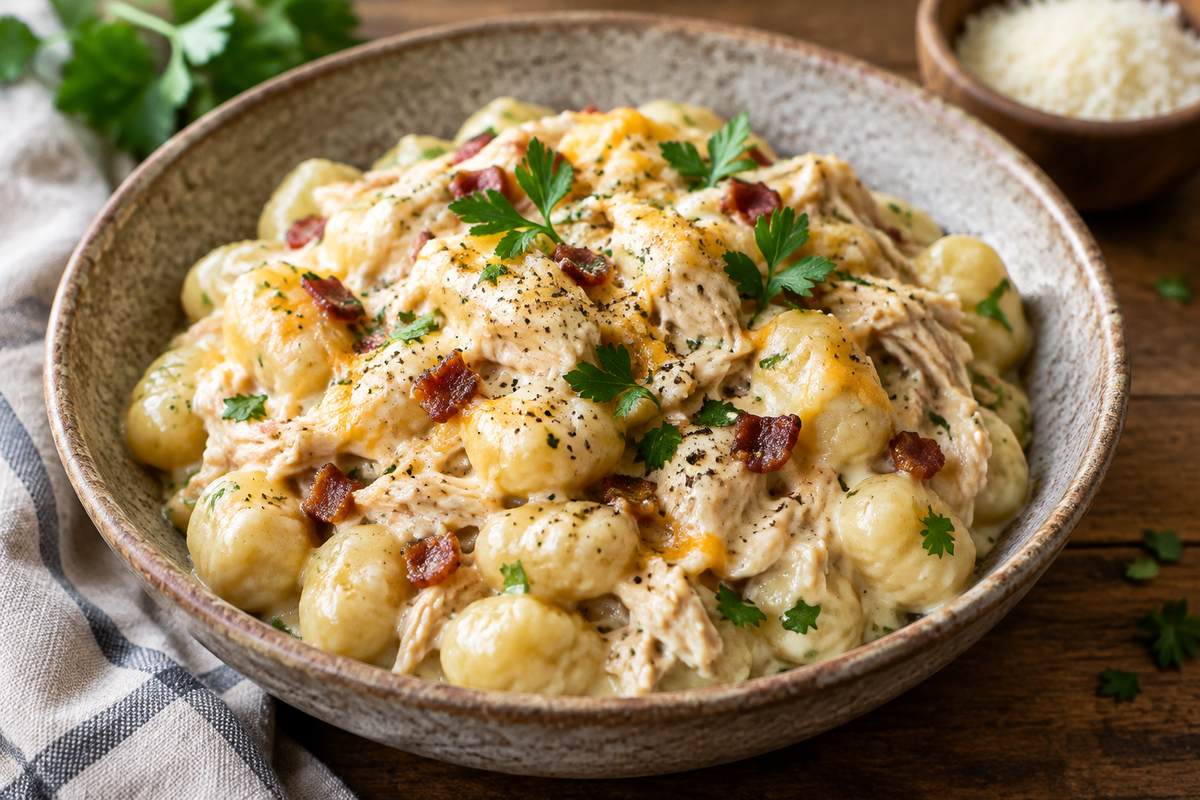 Creamy crack chicken gnocchi in a bowl garnished with parsley and black pepper