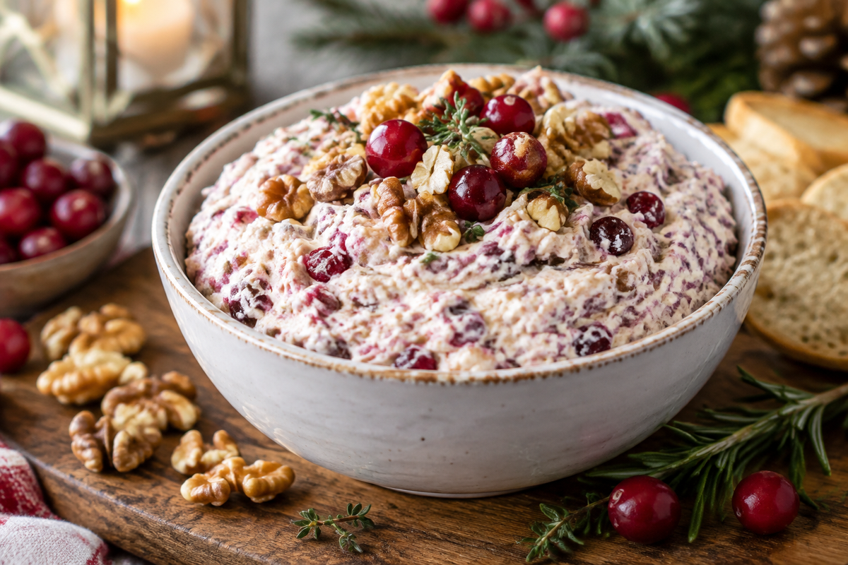 Creamy cranberry walnut dip garnished with chopped walnuts and cranberries, perfect for holiday gatherings