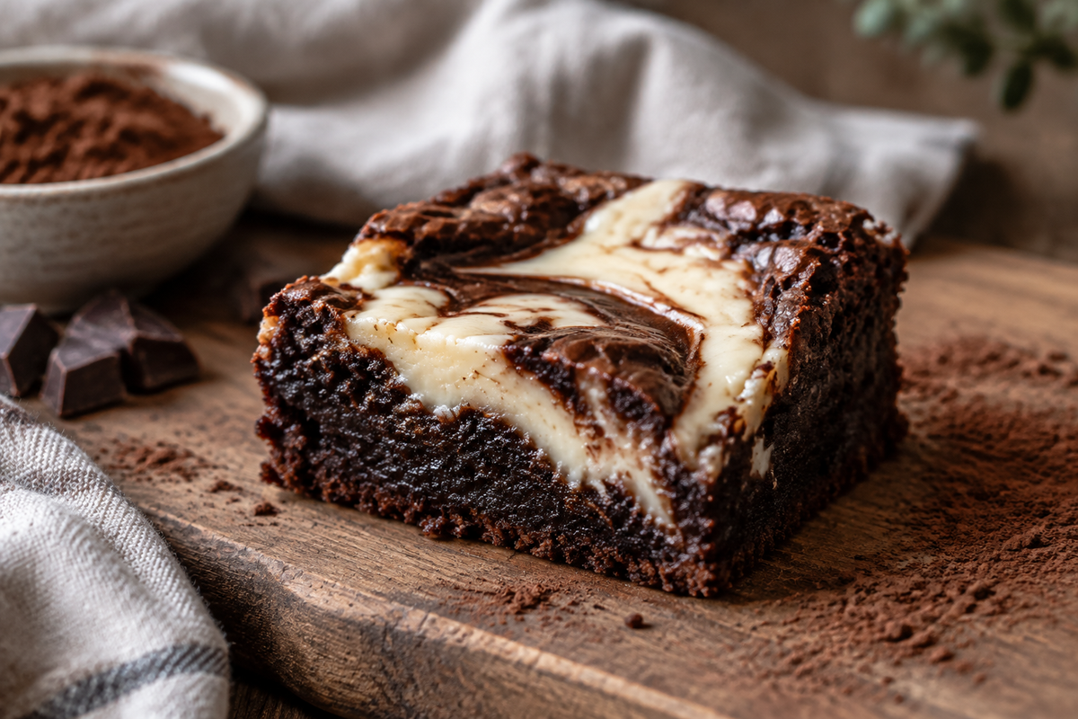 Fudgy cream cheese brownies with creamy swirl on wooden board, showcasing cream cheese brownies