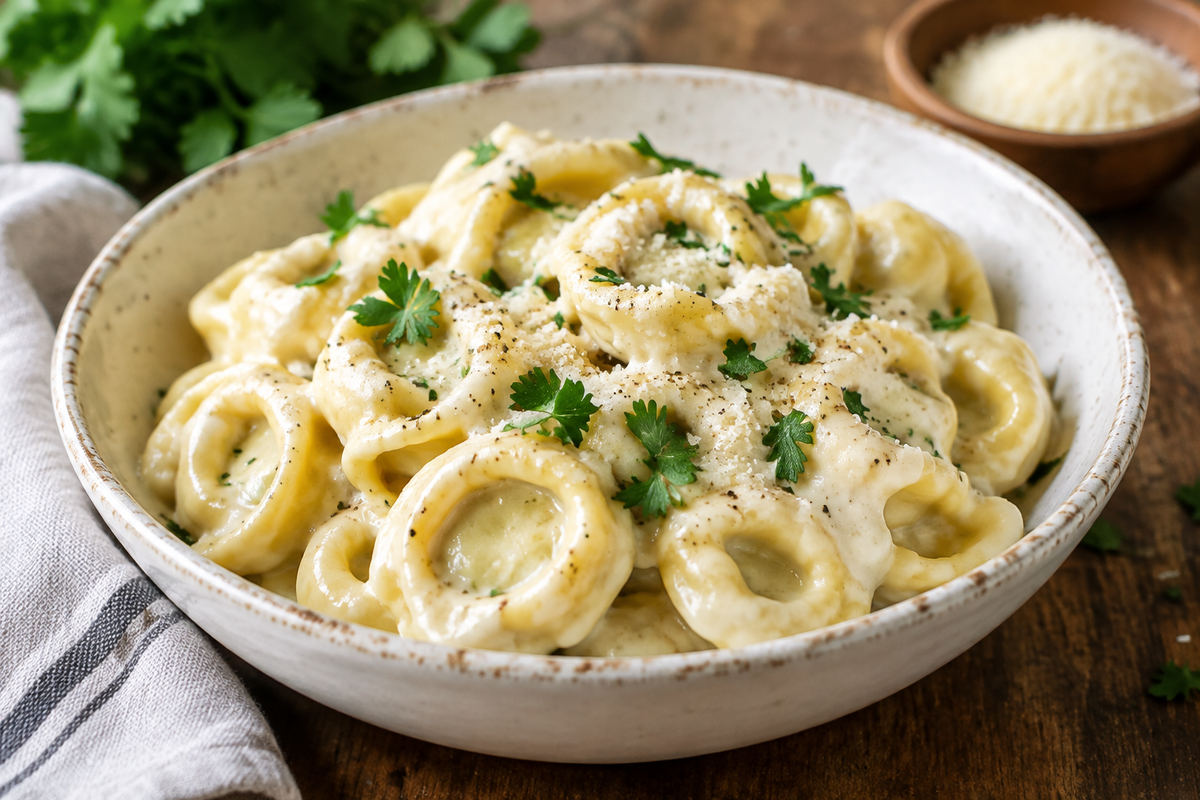 Creamy crockpot tortellini alfredo in a bowl garnished with parsley and pepper