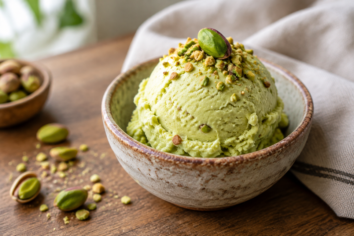Creamy dairy free pistachio ice cream scoop garnished with crushed pistachios in bowl