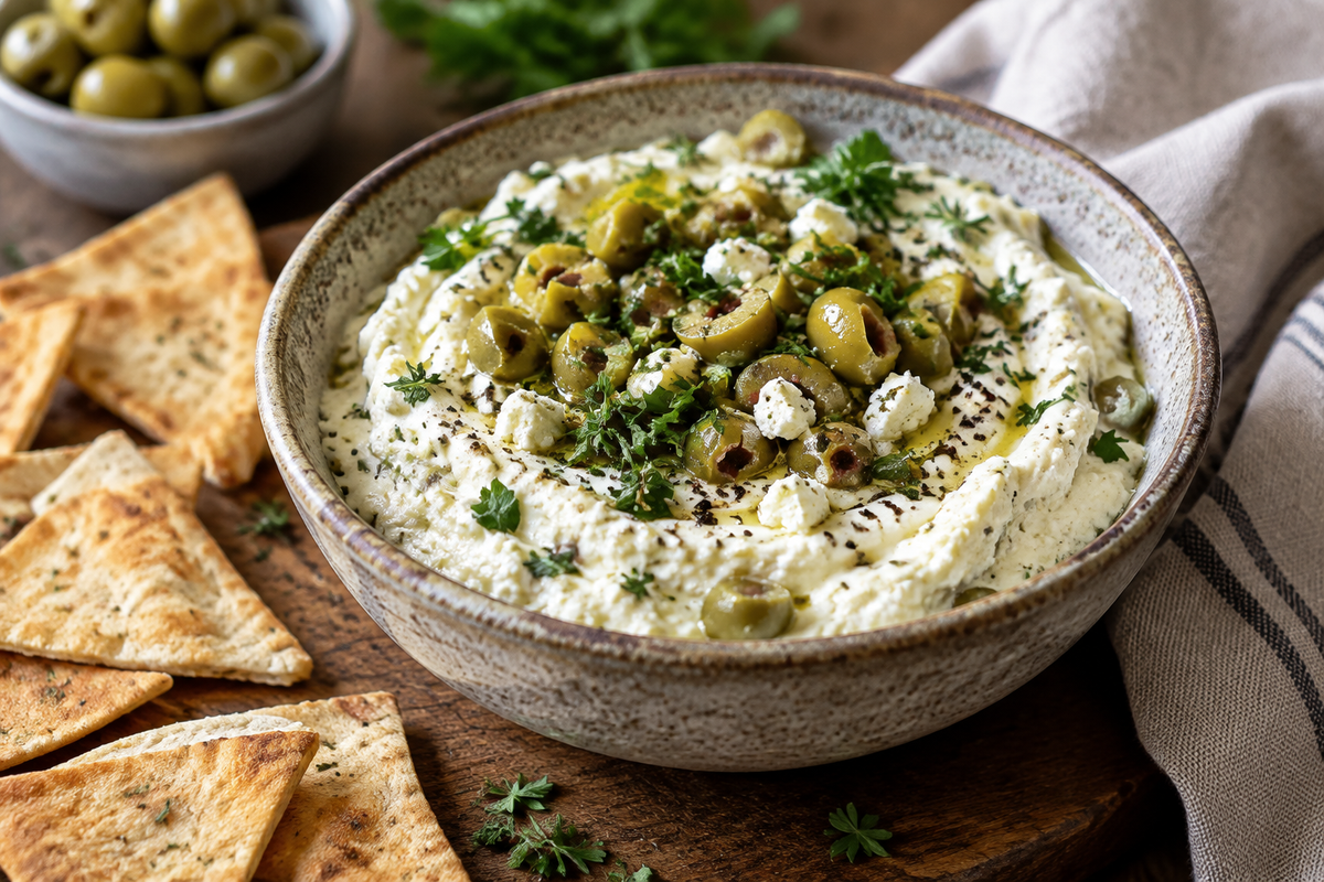 Creamy feta olive dip garnished with green olives and herbs in a rustic bowl
