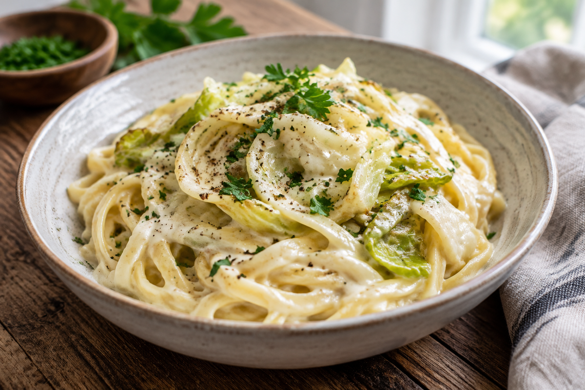 Creamy garlic alfredo pasta with tender cabbage garnished with parsley and black pepper