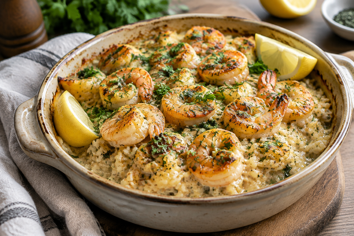 Creamy garlic butter shrimp rice bake garnished with parsley and lemon wedges