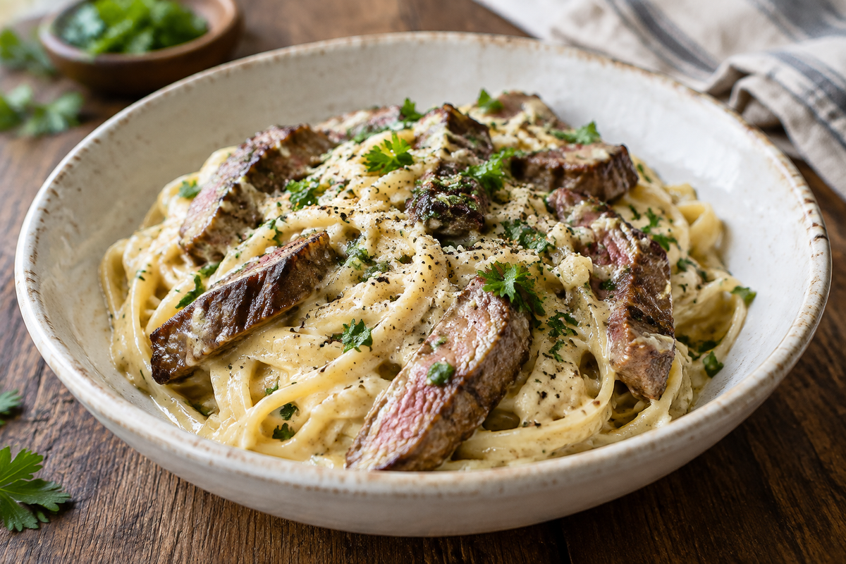 Creamy garlic butter steak pasta garnished with parsley and black pepper in a white bowl