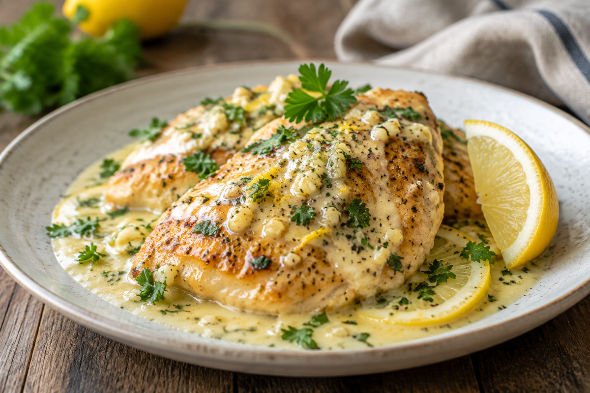 Creamy garlic lemon chicken plated with lemon wedge and parsley garnish in creamy garlic lemon chicken sauce