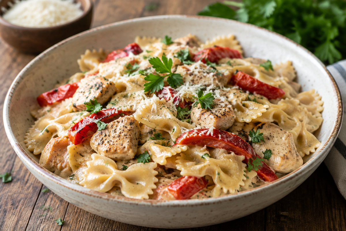 Creamy parmesan chicken bowties pasta with roasted red peppers and garlic cream sauce, garnished with parsley