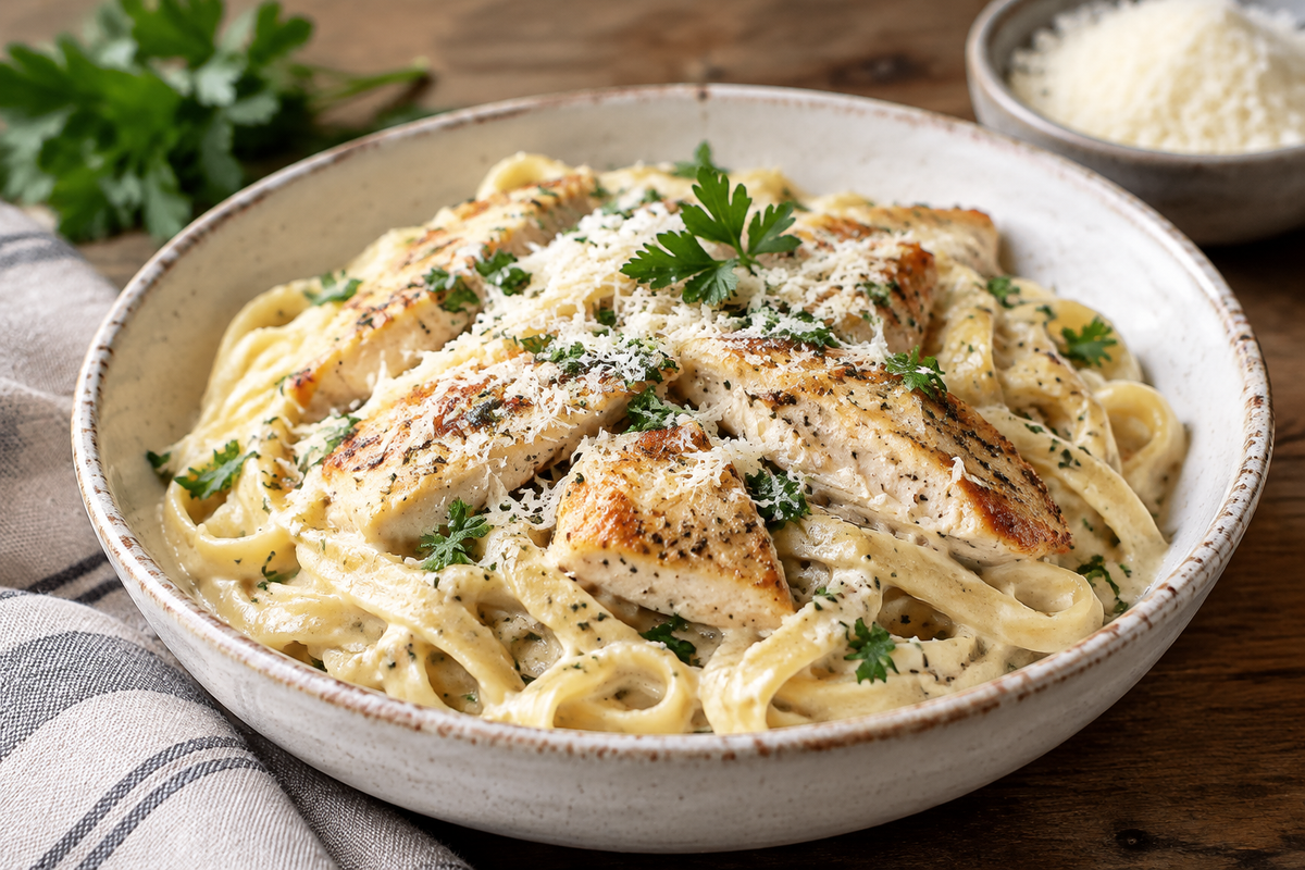 Creamy garlic parmesan chicken pasta served in a bowl with parsley garnish