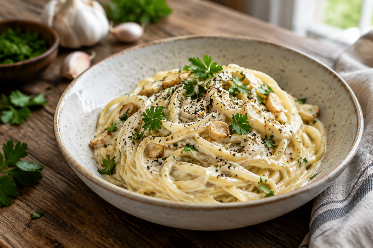 Creamy garlic pasta served in a bowl with parsley garnish, showcasing rich creamy garlic pasta