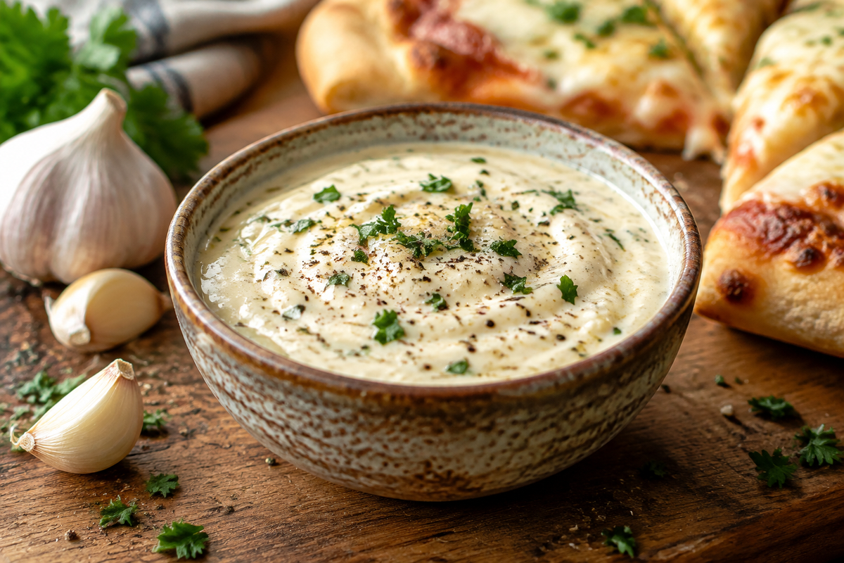 Creamy garlic pizza sauce in rustic bowl garnished with parsley and pepper, garlic pizza sauce