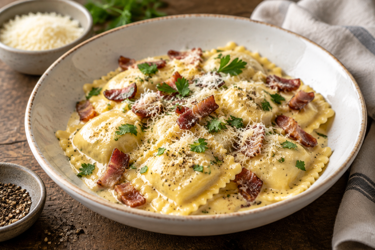 Creamy garlic ravioli carbonara pasta in a white bowl garnished with parsley and Parmesan