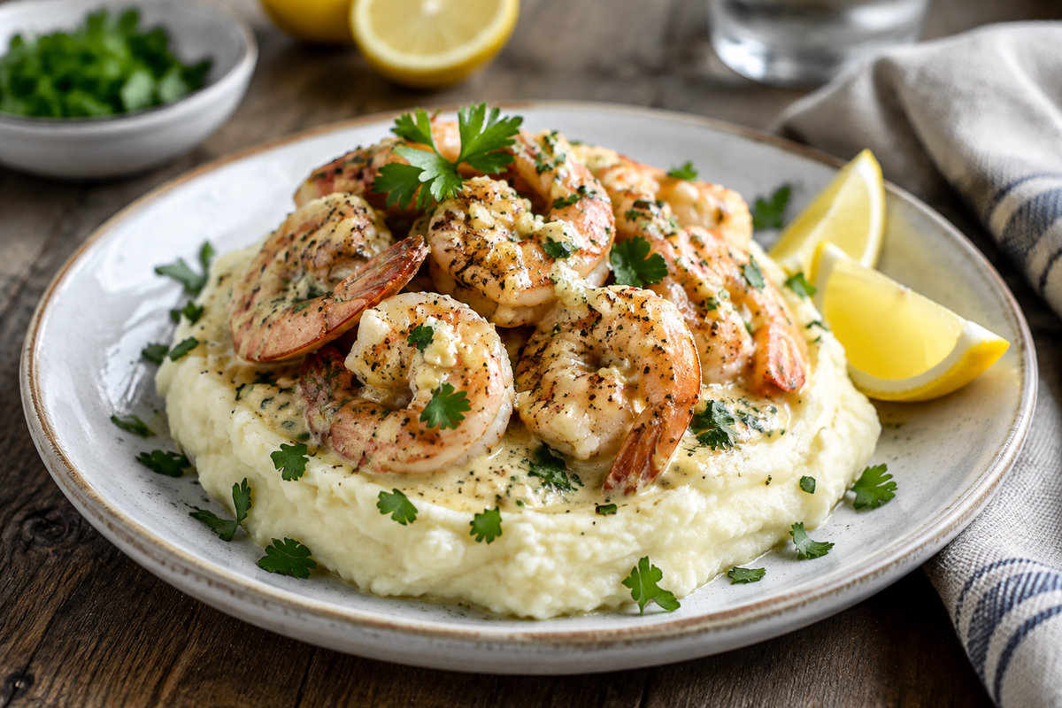 Creamy garlic shrimp served over mashed potatoes garnished with parsley and lemon wedges