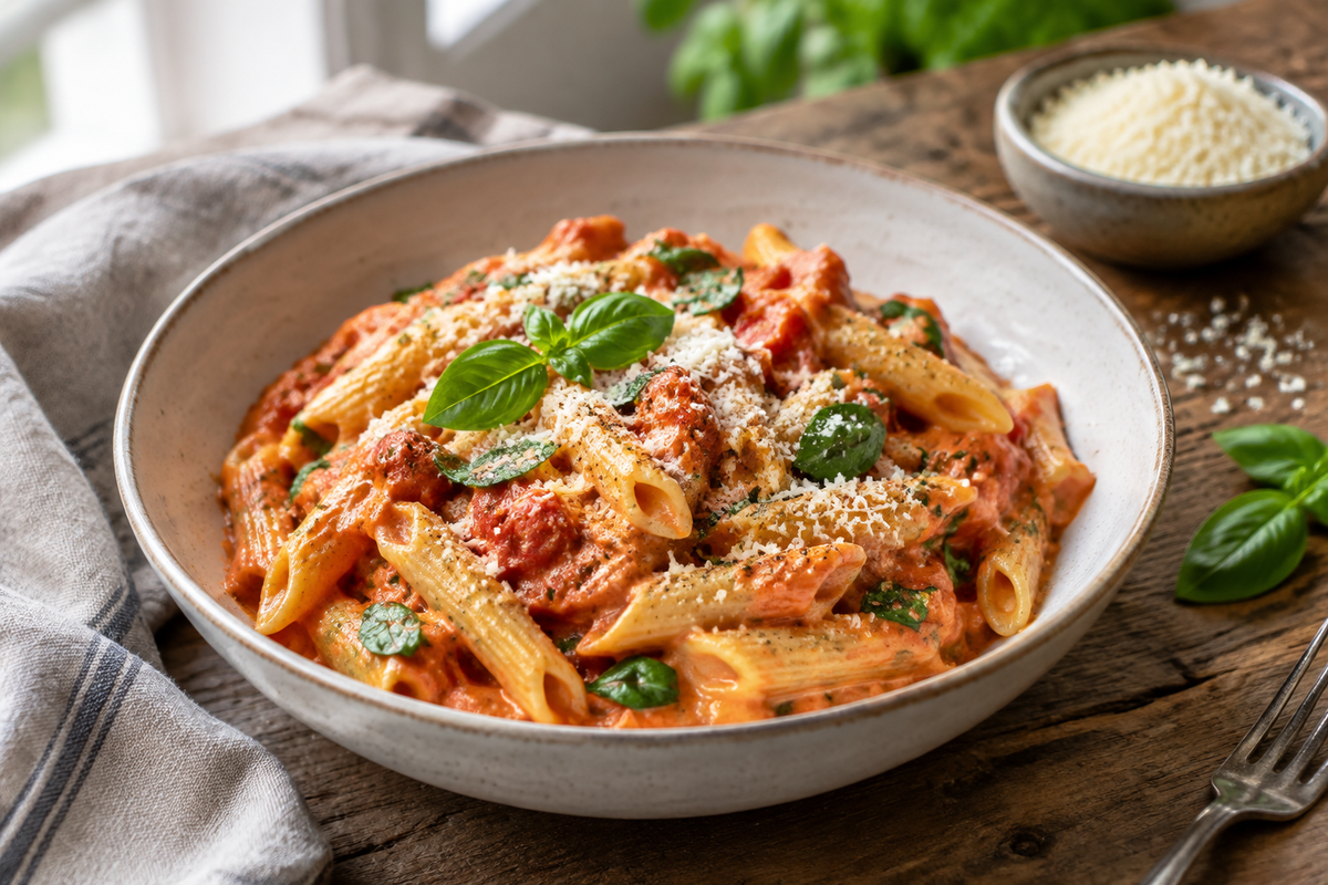 Creamy garlic tomato pasta garnished with basil and parmesan, fresh and inviting dinner dish