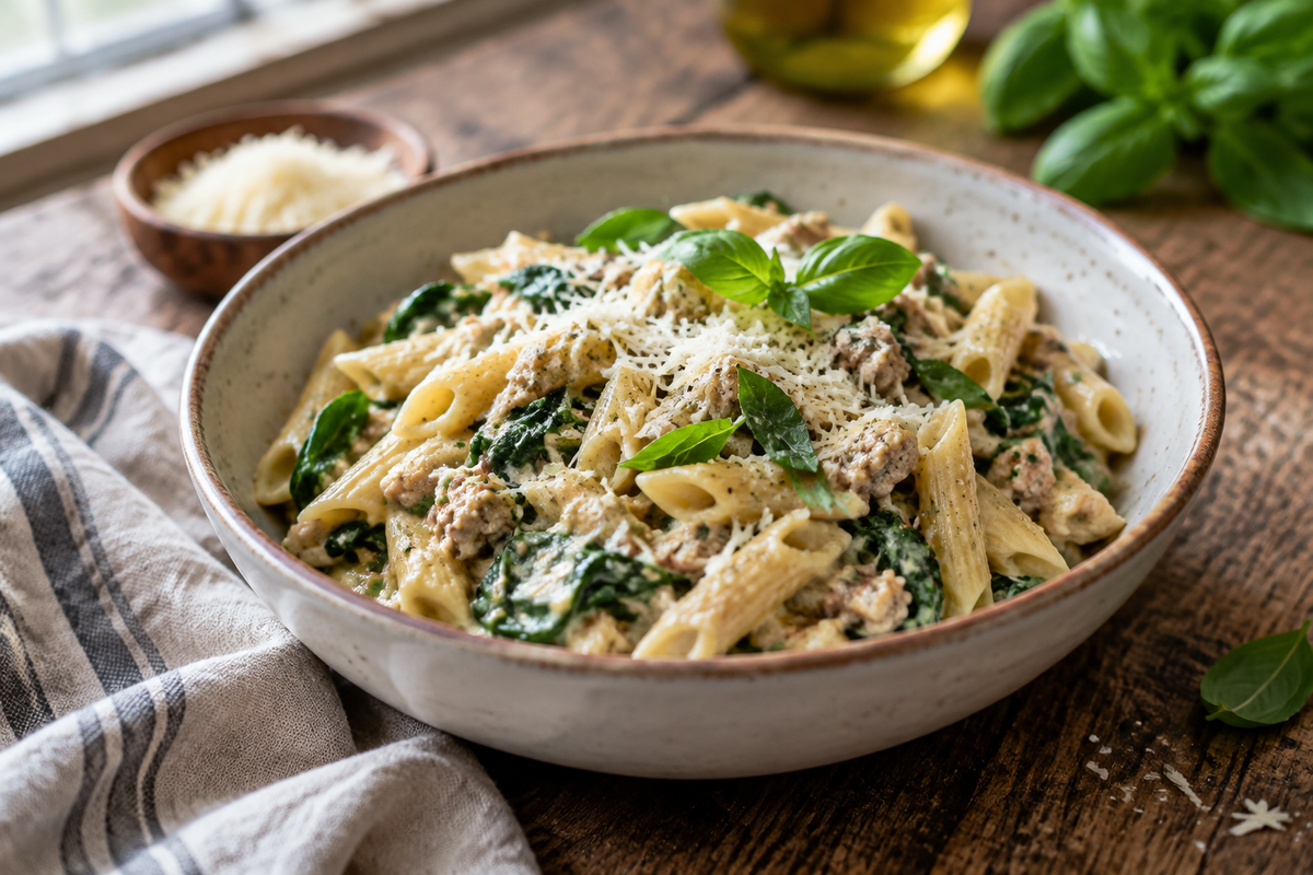 Creamy ground turkey spinach pasta garnished with parmesan and fresh basil