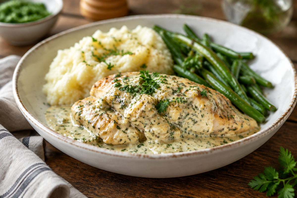 Creamy herb chicken served in a bowl with fresh parsley garnish and side dishes