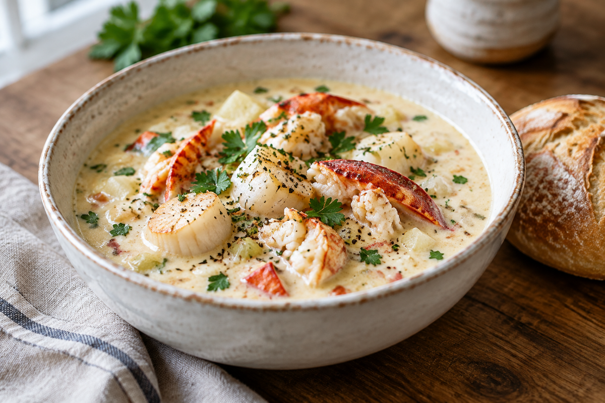 Creamy lobster chowder with scallops garnished with parsley in a rustic bowl