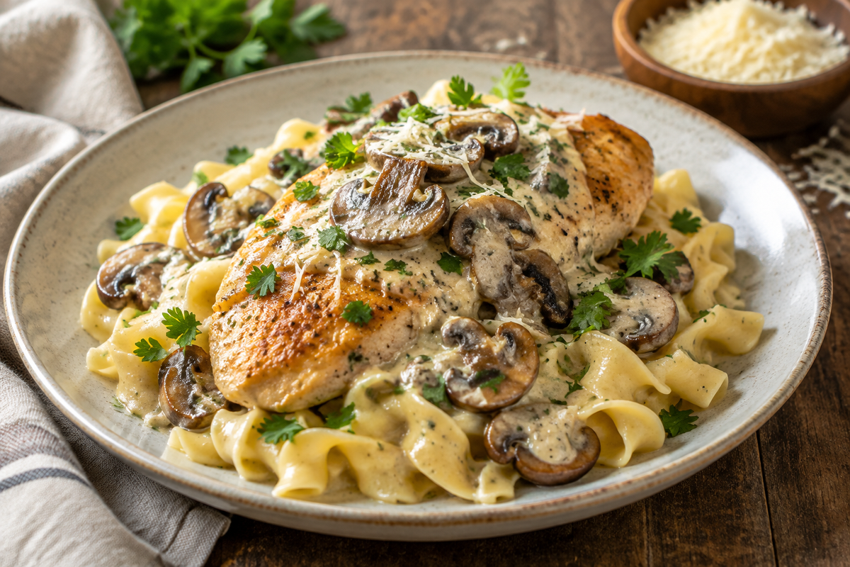 Creamy mushroom asiago chicken plated with mushrooms and parsley, creamy mushroom asiago chicken