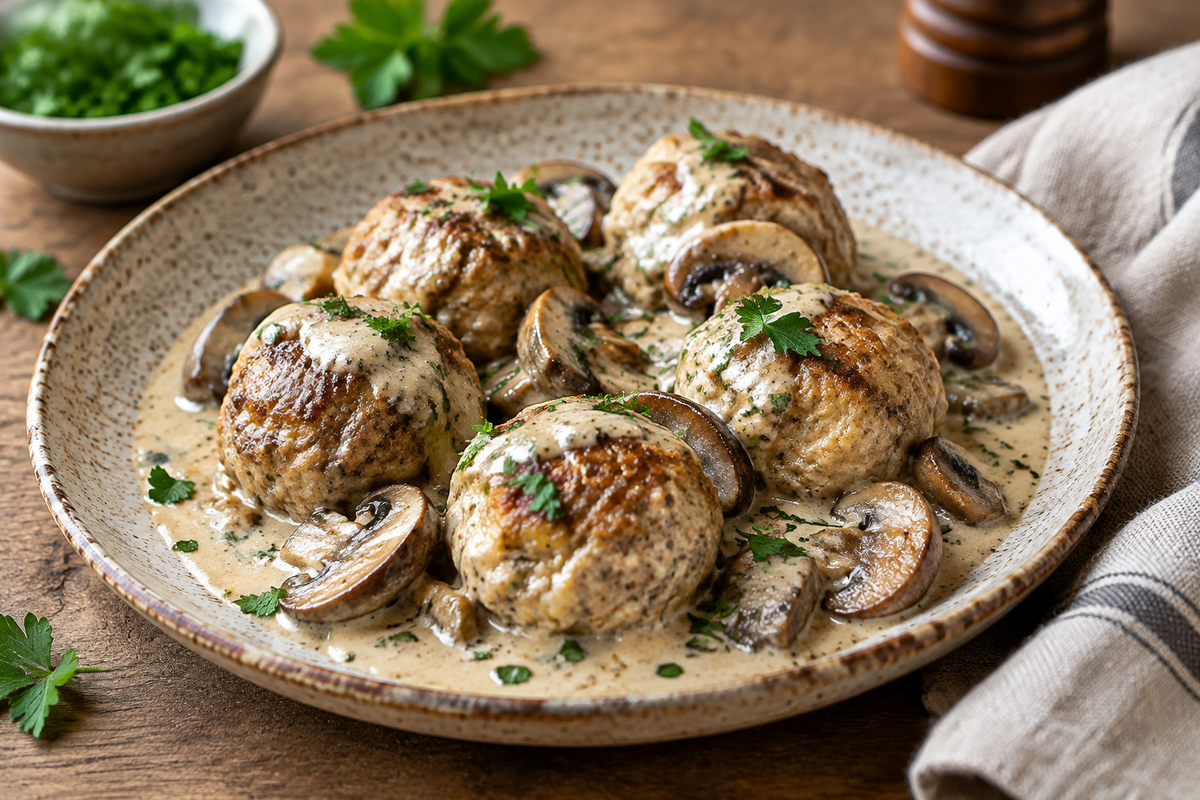 Creamy mushroom chicken meatballs plated with garnished parsley, showcasing the creamy mushroom sauce