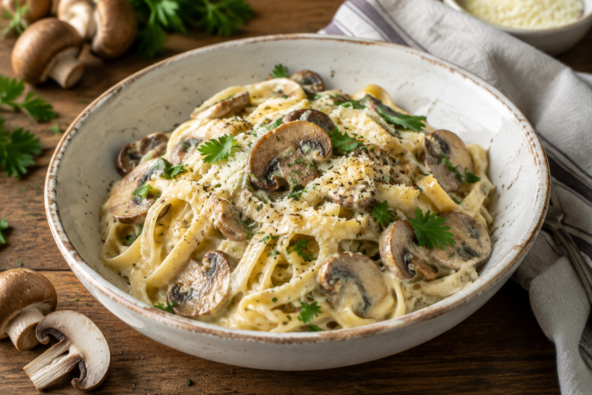 Creamy mushroom gruyere pasta garnished with parsley and black pepper in a white bowl