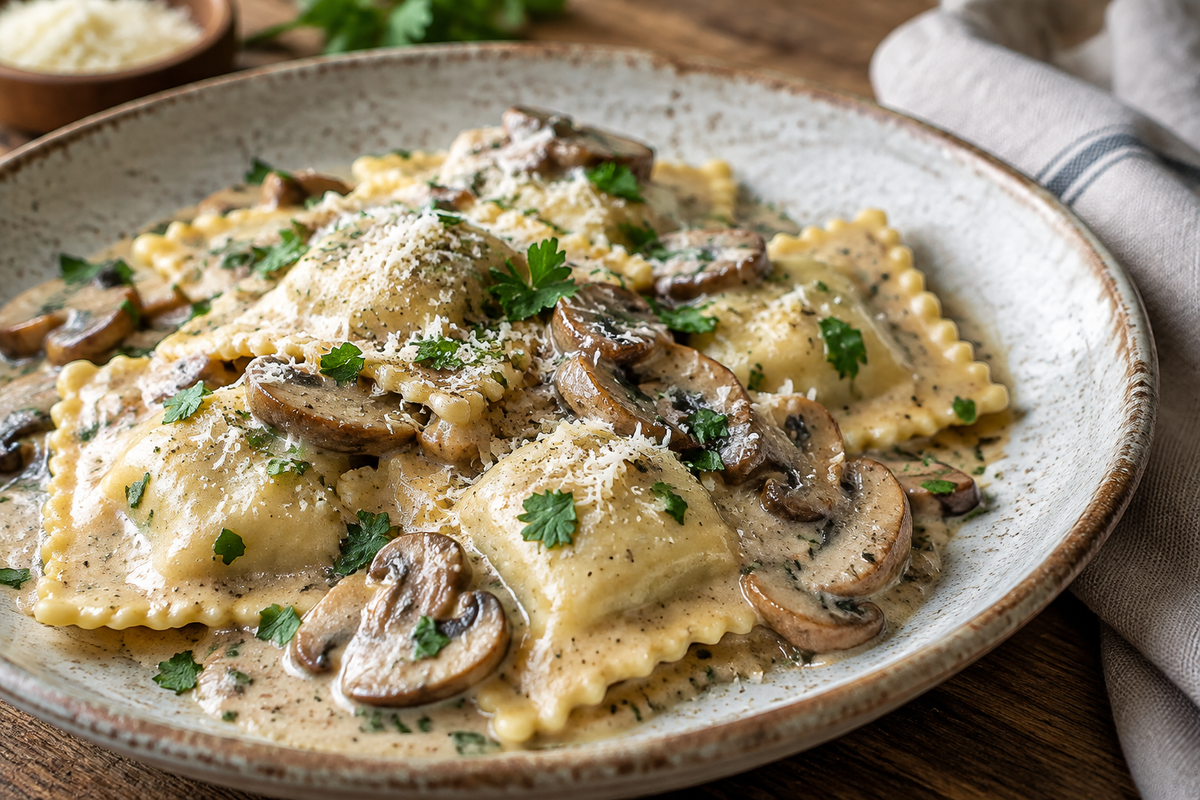 Creamy mushroom sauce generously poured over ravioli, garnished with parsley and Parmesan, showcasing creamy mushroom sauce