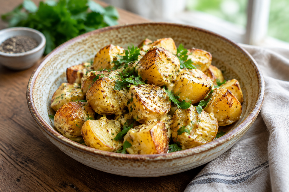 Creamy mustard roasted potatoes served in a rustic bowl garnished with parsley and black pepper