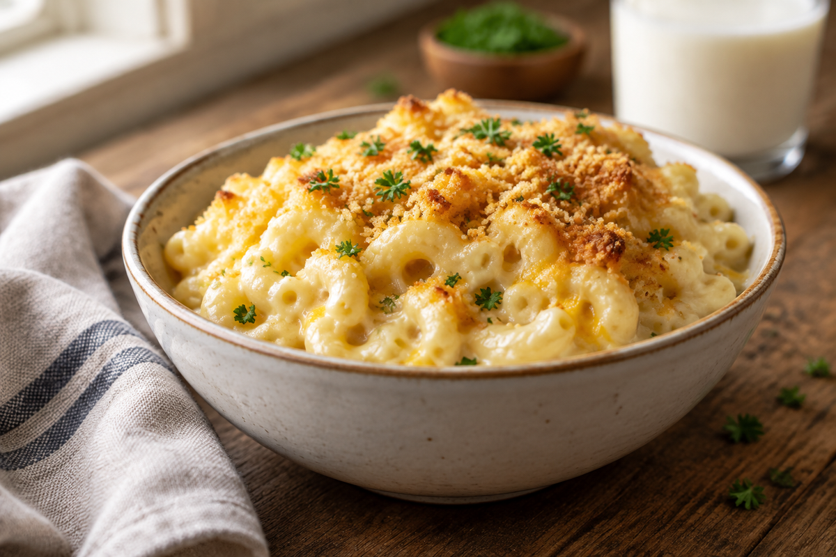 Bowl of creamy panera mac and cheese pasta garnished with parsley and golden crust