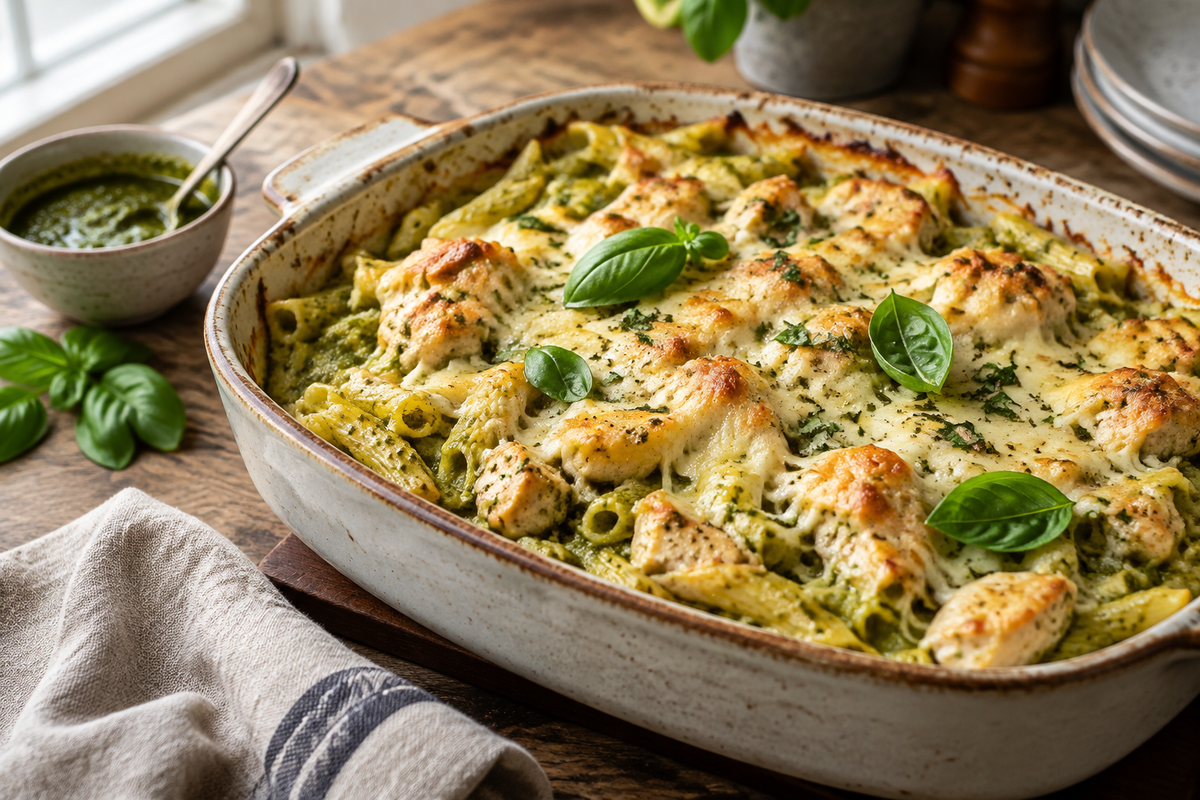 Creamy pesto chicken pasta bake topped with melted cheese and fresh basil leaves