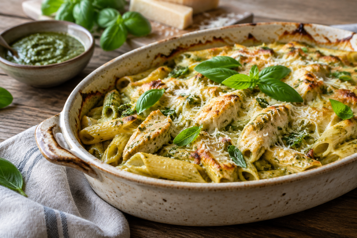 Creamy pesto chicken pasta bake garnished with fresh basil and Parmesan cheese