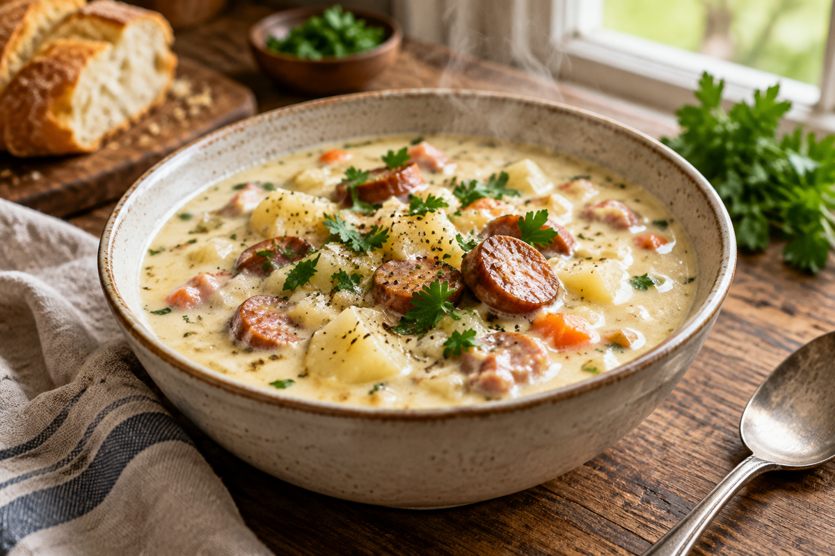 Creamy potato sausage chowder in a bowl garnished with parsley and herbs