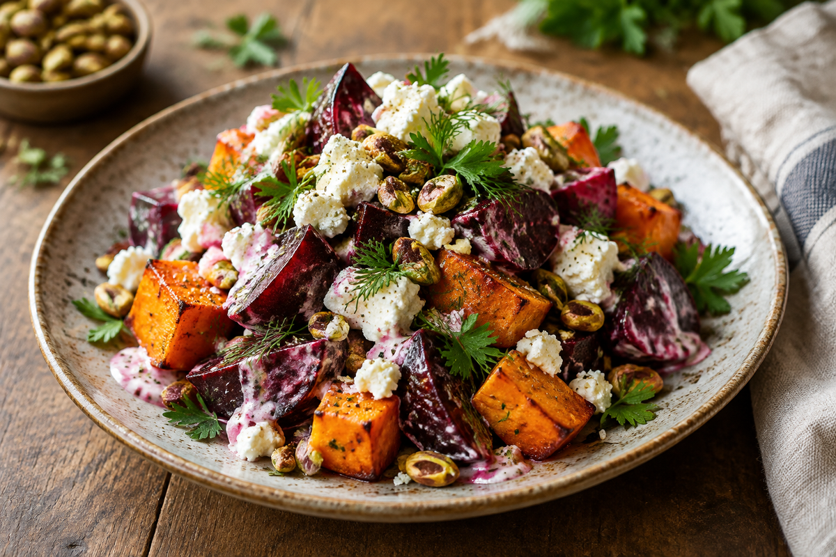 Creamy roasted beet salad with sweet potato and feta served on a rustic plate garnished with herbs and nuts