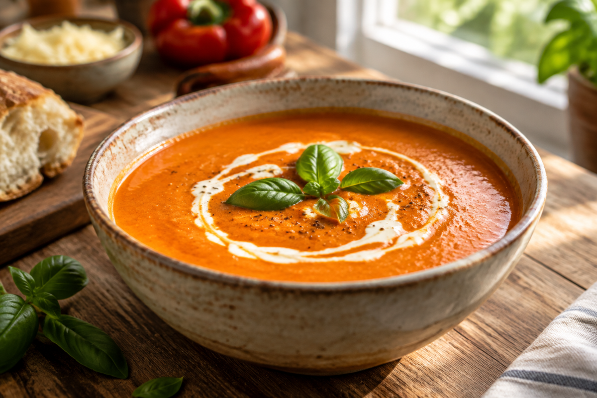 Creamy roasted red pepper gouda soup garnished with cream and basil leaves in a rustic bowl
