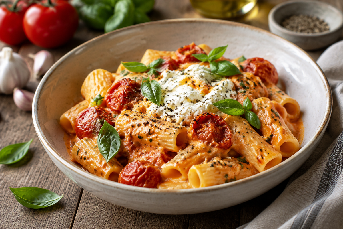 Creamy roasted tomato and garlic ricotta pasta garnished with fresh basil and black pepper