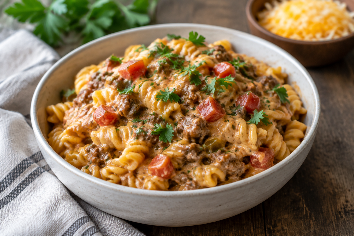 Creamy Rotel pasta with ground beef served in a bowl, garnished with parsley, showcasing the creamy rotel pasta dish