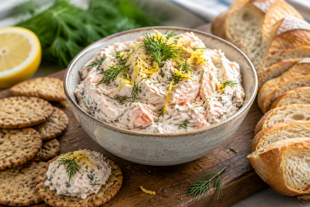 Creamy salmon cream cheese spread garnished with dill and lemon zest on rustic board, perfect salmon cream cheese spread