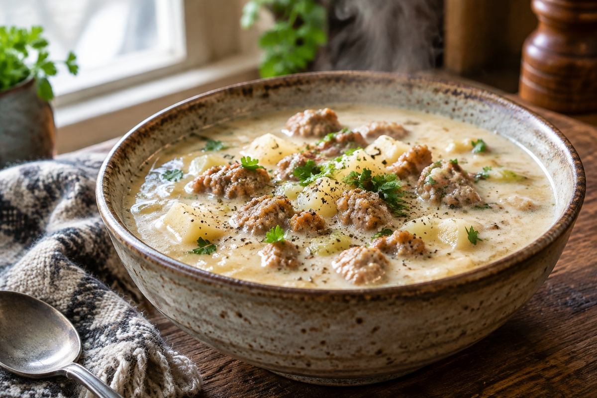Creamy sausage potato soup in rustic bowl garnished with parsley and pepper