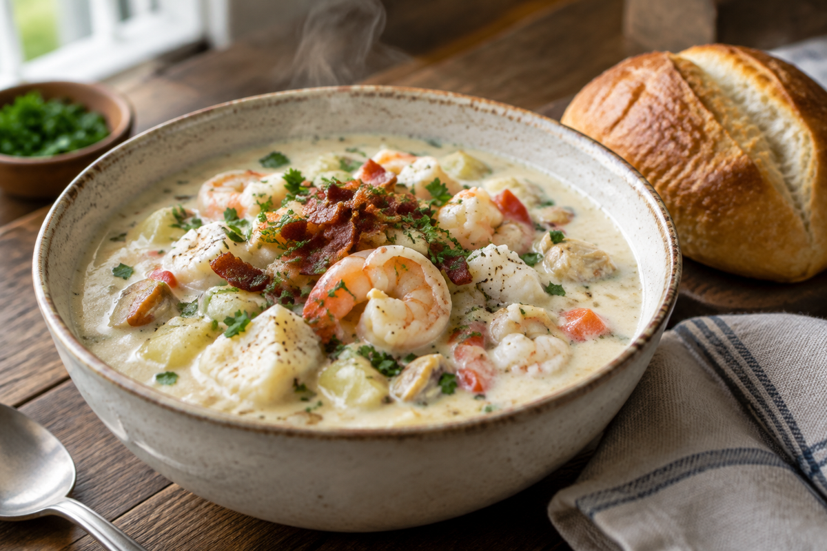 Creamy seafood chowder in a bowl garnished with parsley and bacon, showcasing the creamy seafood chowder