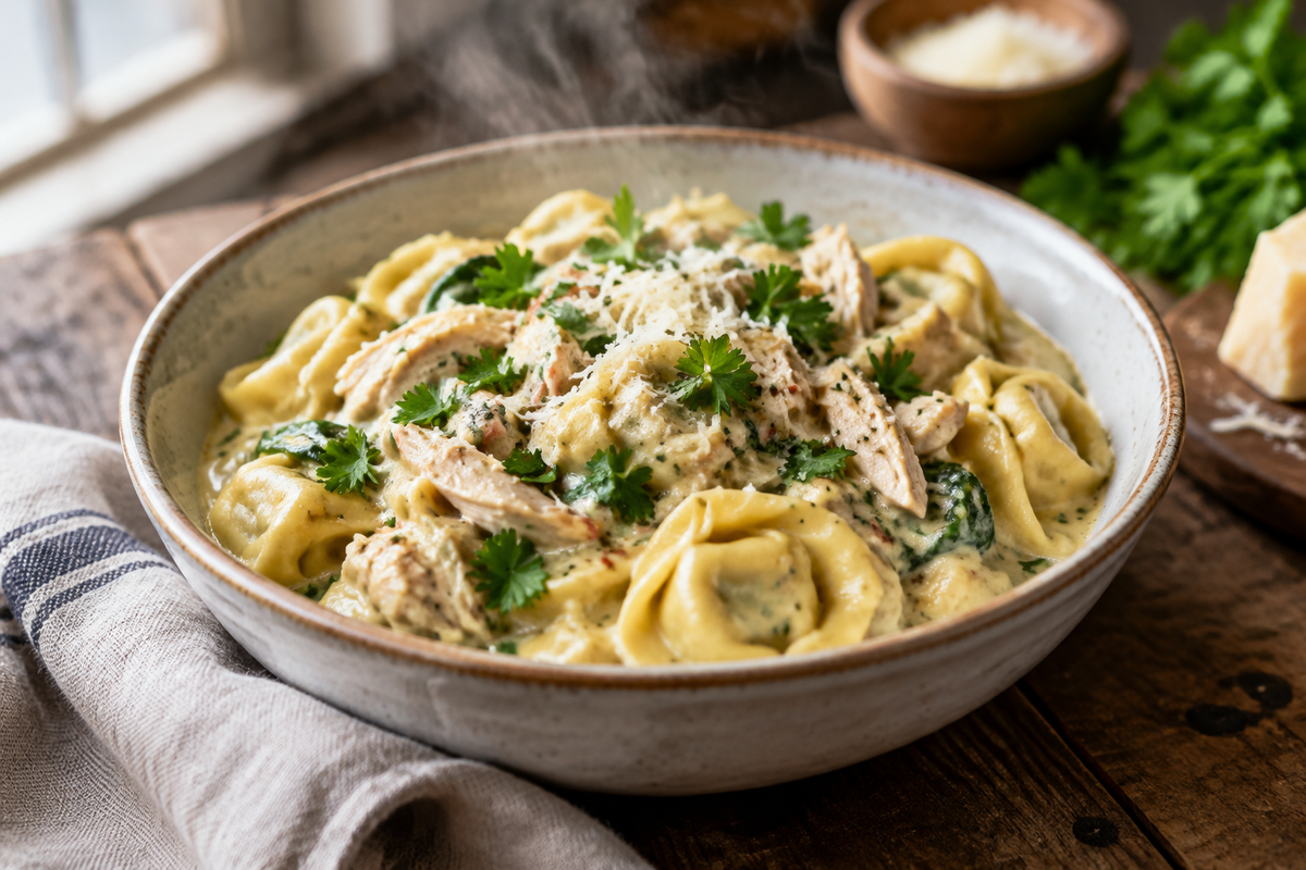 Creamy slow cooker chicken tortellini dinner served in a bowl with parsley garnish
