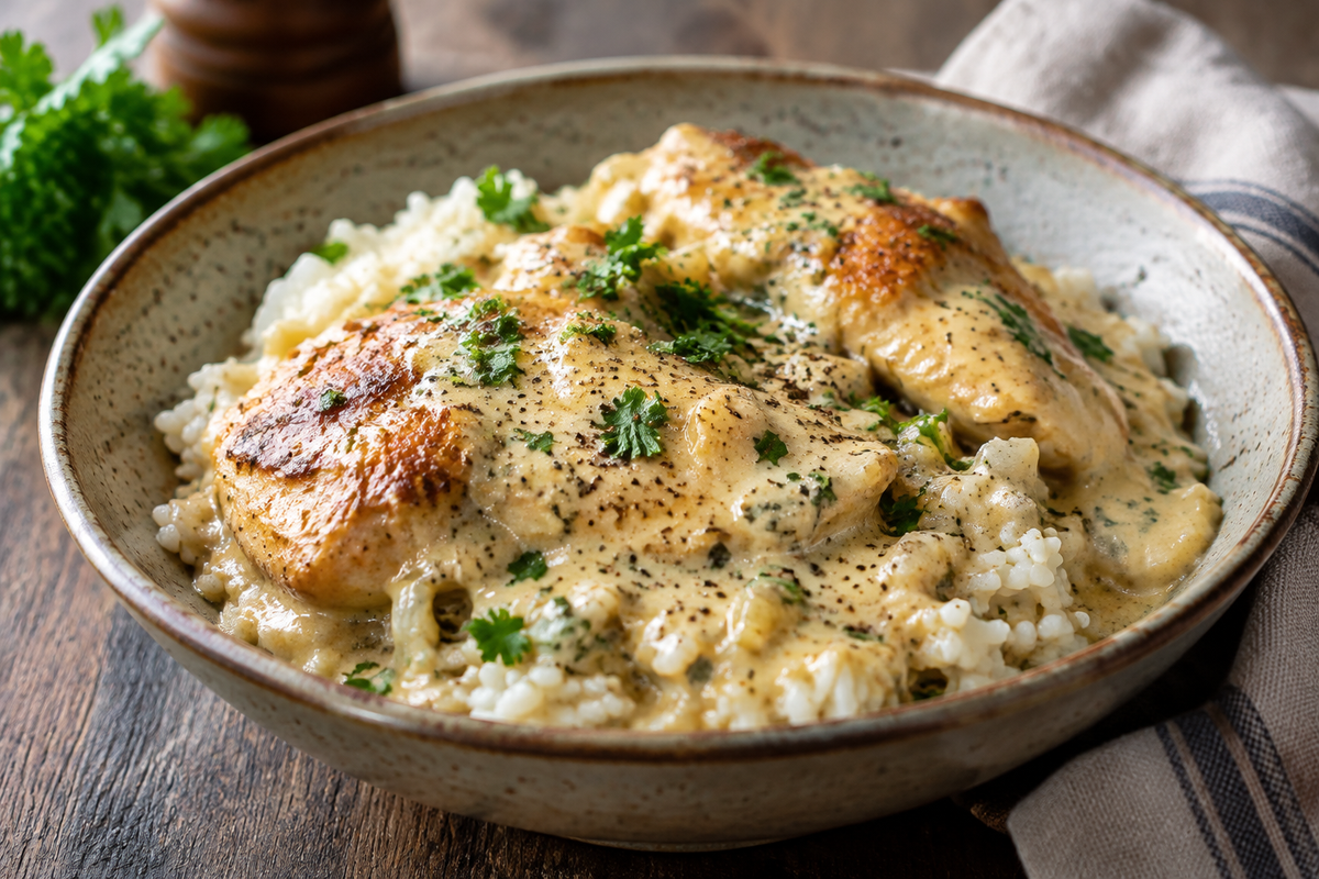 Creamy smothered chicken and rice served in a bowl with fresh parsley garnish