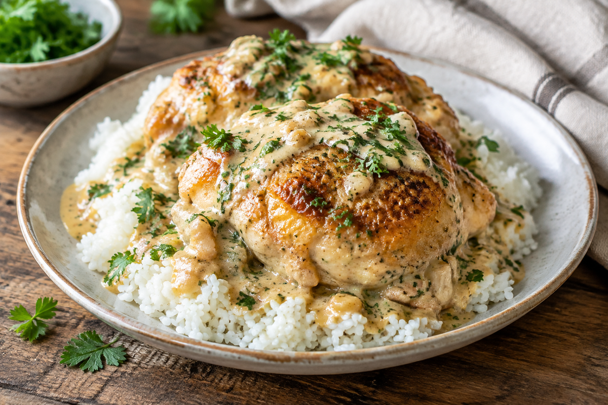 Creamy smothered chicken served over white rice garnished with parsley, showcasing rich sauce and tender chicken
