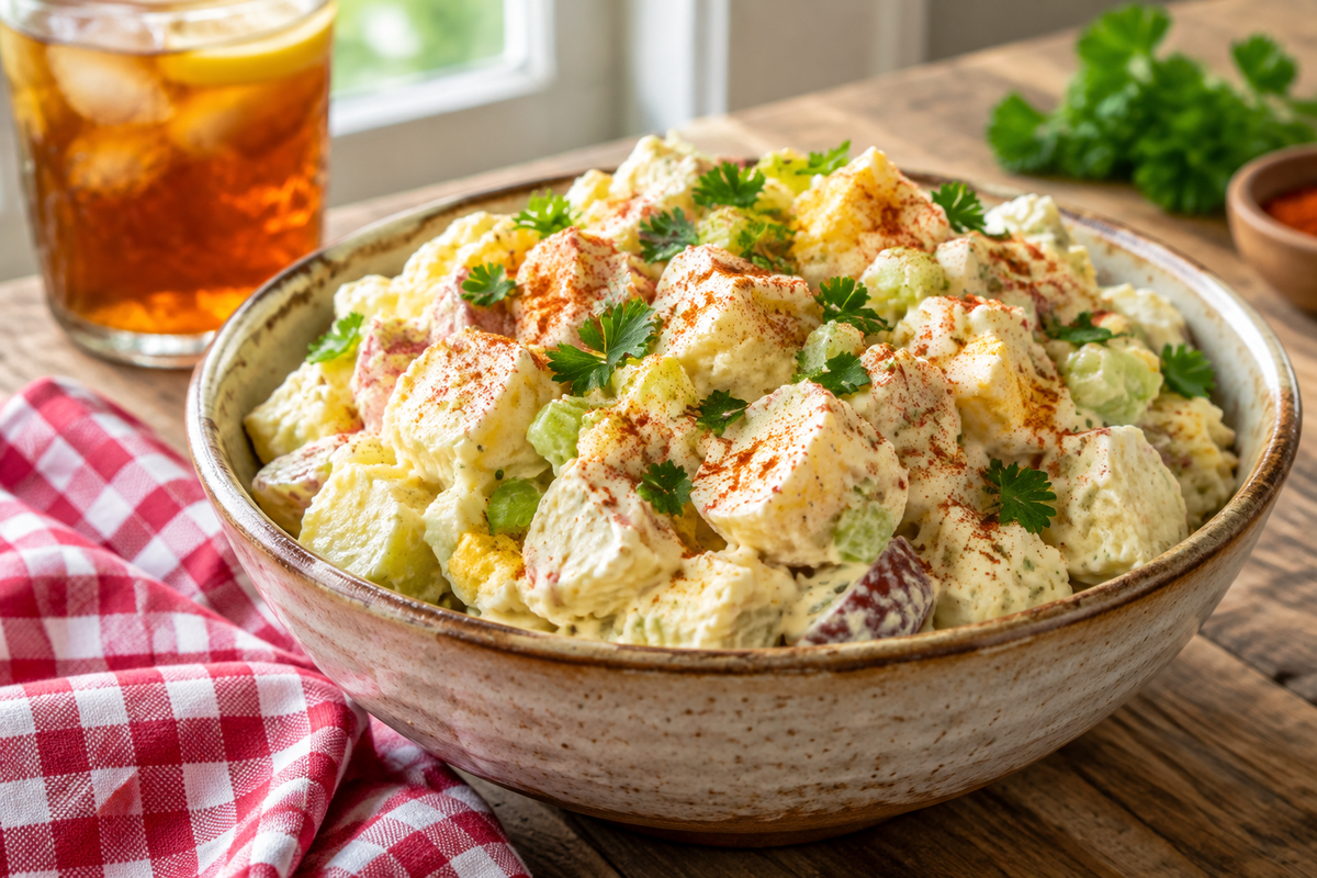 Creamy southern-style potato salad in rustic bowl garnished with parsley and paprika