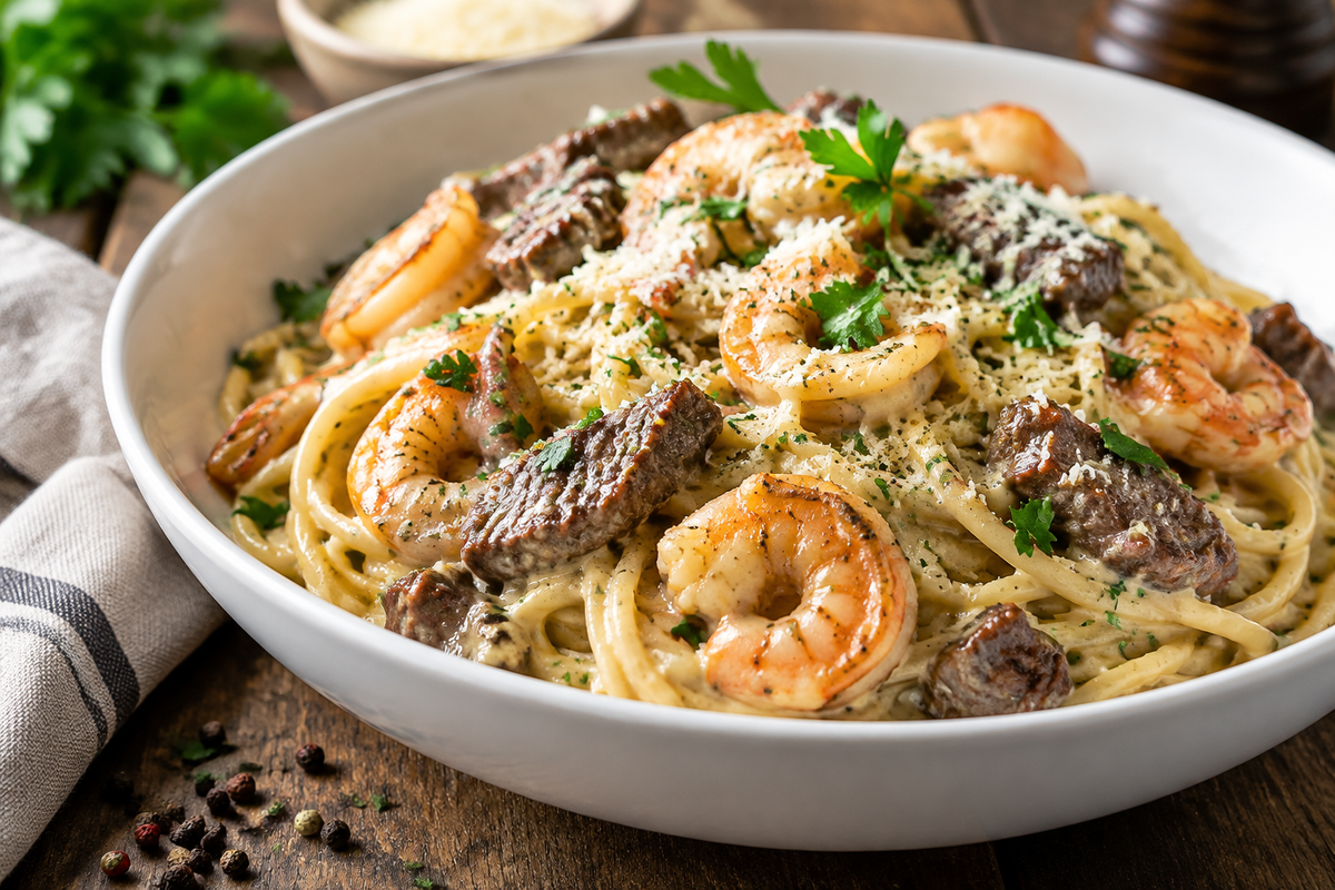 Creamy spaghetti with shrimp and beef garnished with parsley and Parmesan in a white bowl
