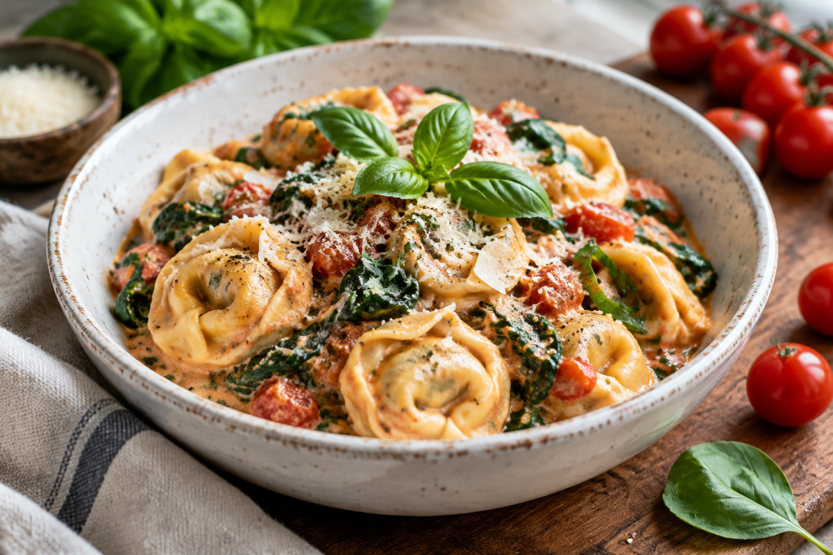 Creamy spinach tomato tortellini served in a white bowl, garnished with fresh basil and parmesan