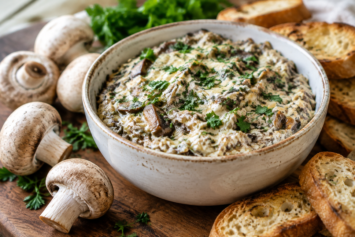 Creamy stuffed mushroom dip garnished with parsley served with toasted bread slices