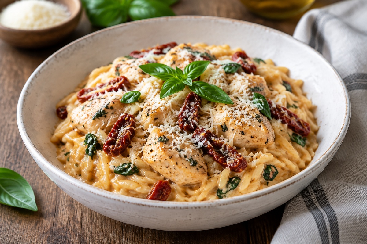 Creamy sun-dried tomato chicken orzo garnished with fresh basil and Parmesan cheese