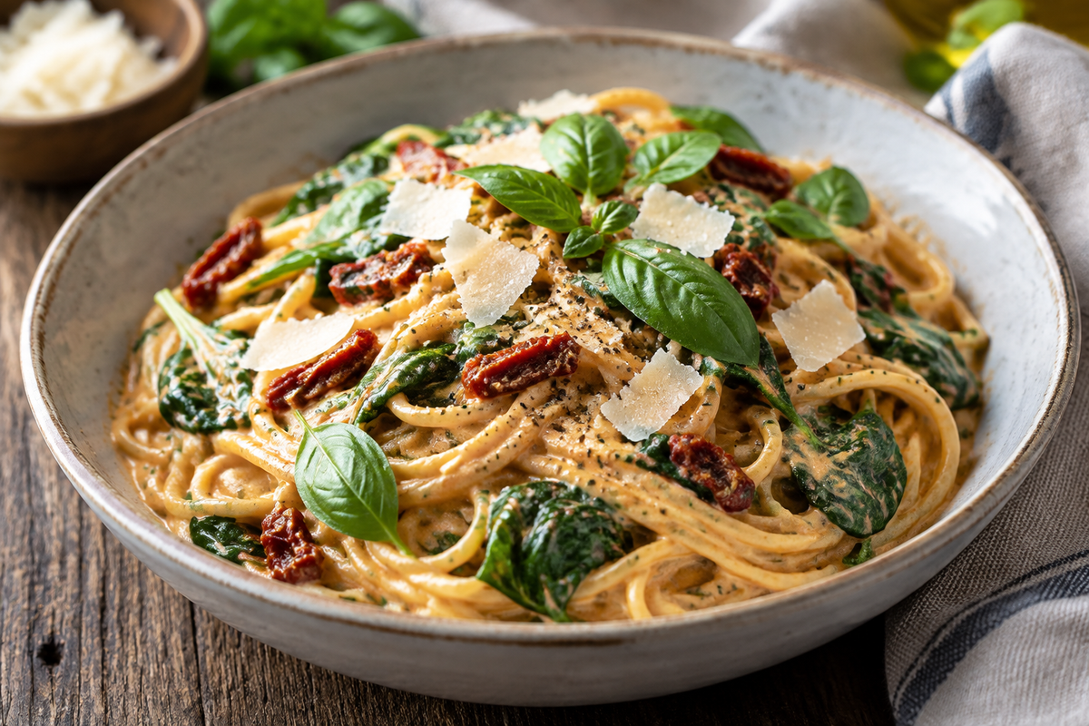 Spaghetti with sun-dried tomato cream sauce and fresh spinach garnished with Parmesan and basil