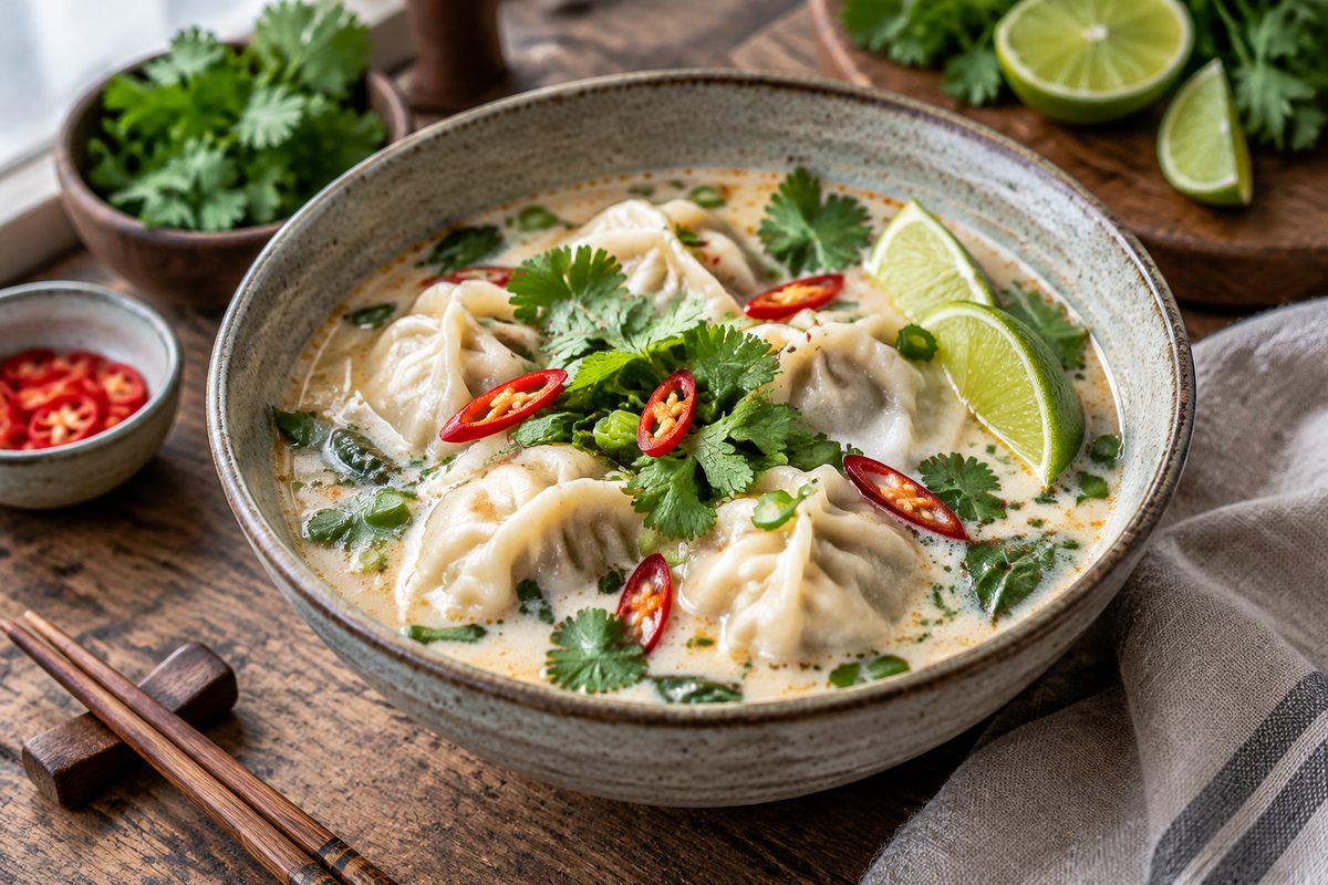 Creamy Thai dumpling soup with dumplings, coconut broth, cilantro, and chili garnish